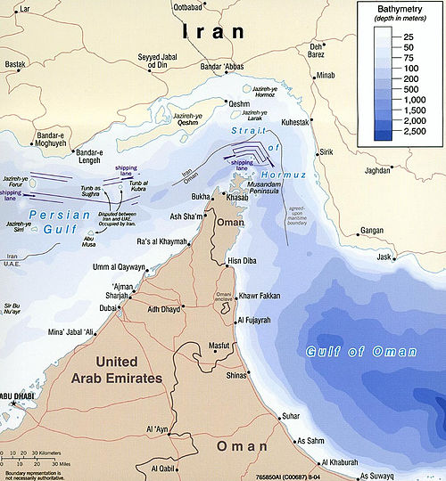 The Strait of Hormuz, threatened with closure by Iran during the 2026 conflict  a chokepoint for 20% of global oil trade.