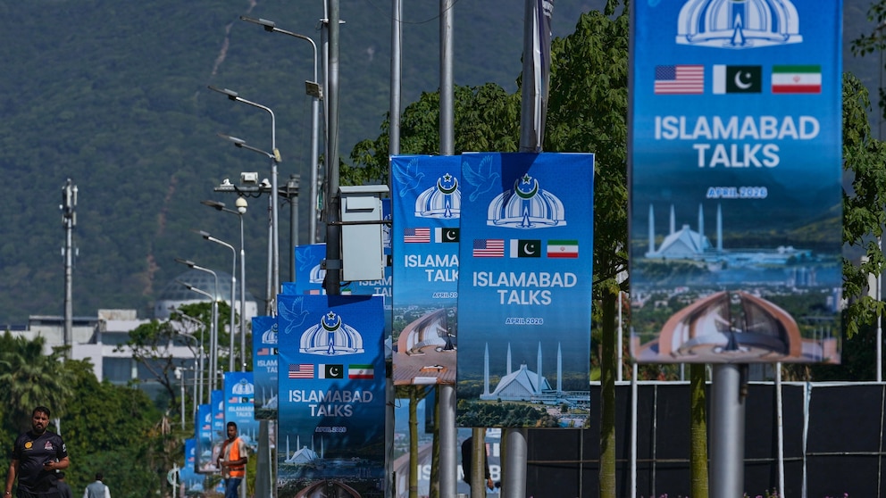Workers prepare the Serena Hotel in Islamabad, Pakistan, ahead of the second round of US-Iran ceasefire negotiations, April 20, 2026. (AP)